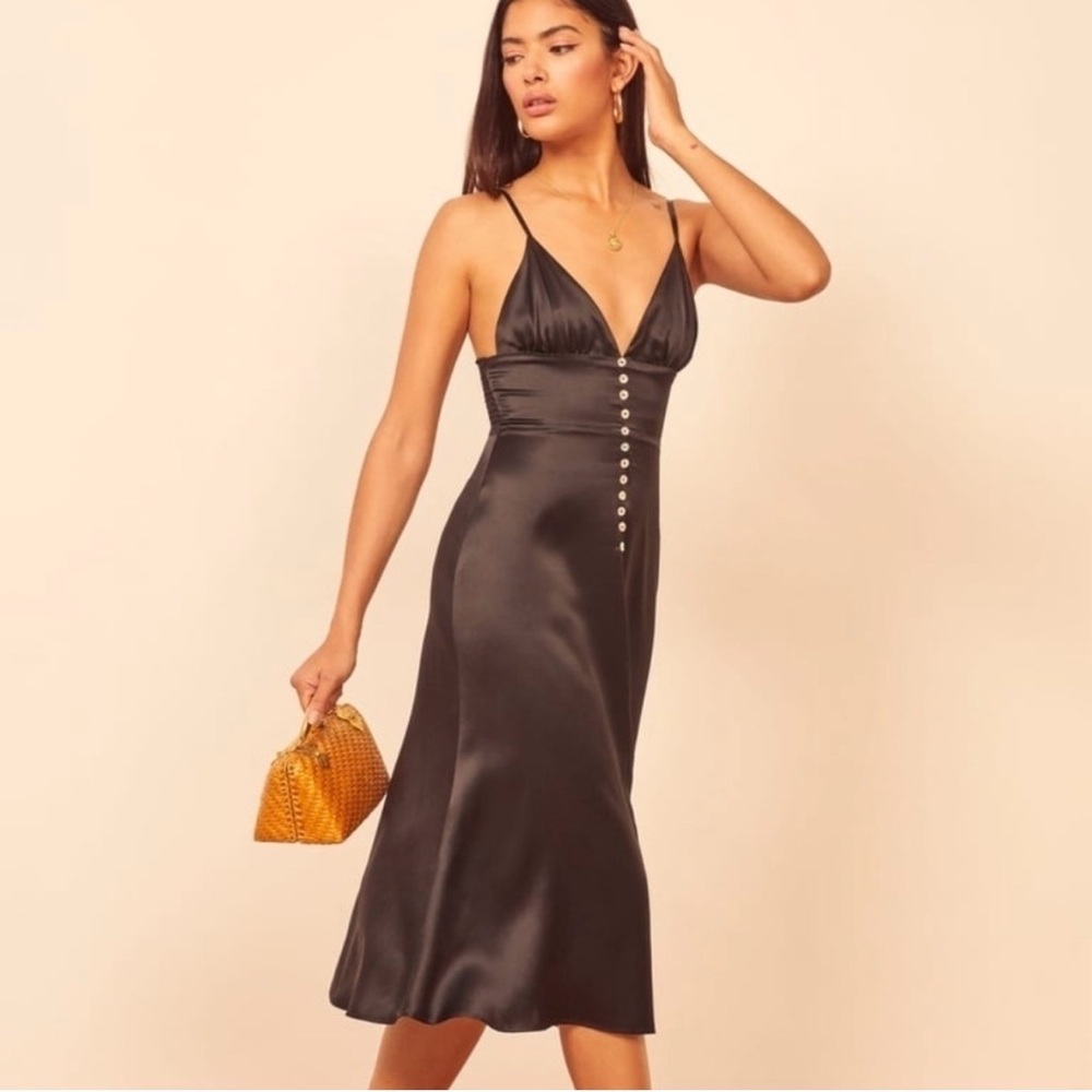 Reformation Abbey Black Silk Button-Front Dress 4